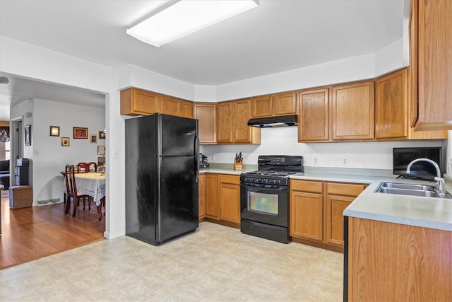 kitchen with light hardwood / wood-style floors, sink, and black appliances