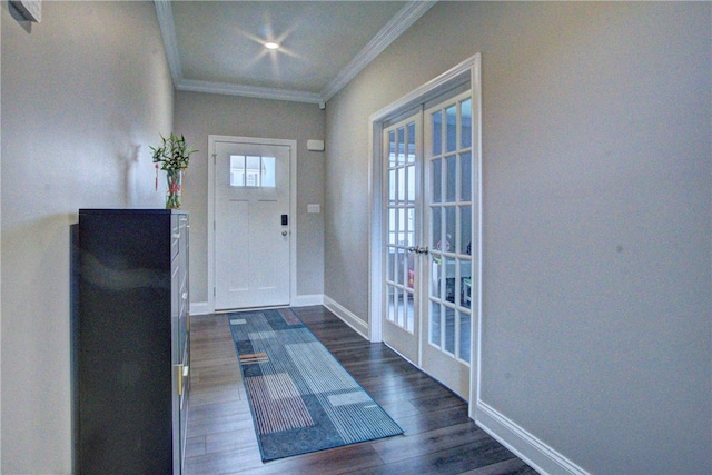 doorway to outside with crown molding and dark wood-type flooring