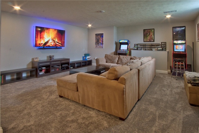 carpeted living room with a textured ceiling