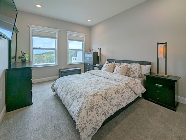 bedroom with light carpet