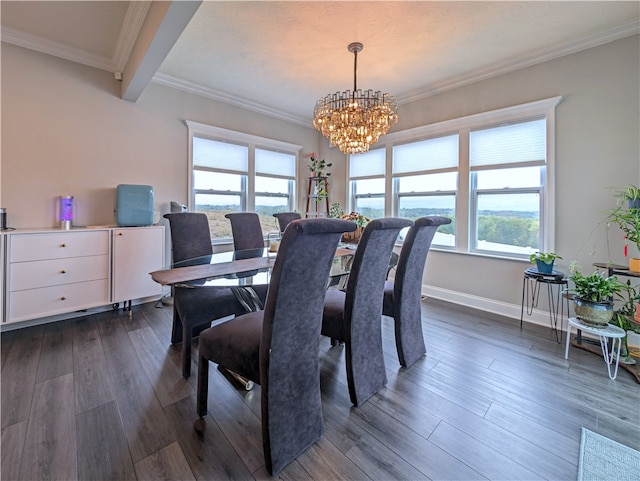 dining room with a notable chandelier, ornamental molding, and dark hardwood / wood-style flooring