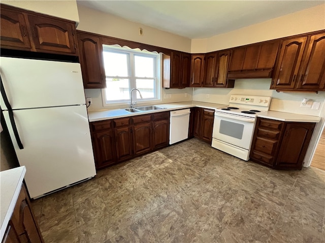 kitchen with dark brown cabinets, sink, ventilation hood, and white appliances