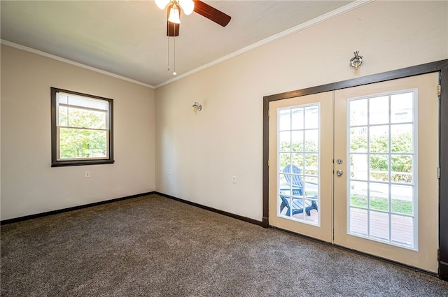 spare room with french doors, carpet floors, and a wealth of natural light