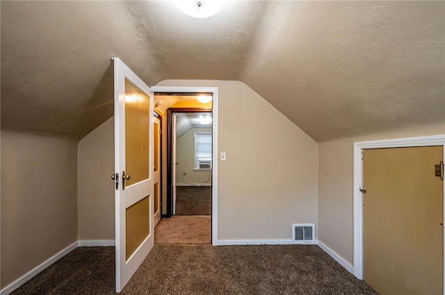 additional living space with carpet flooring, a textured ceiling, and lofted ceiling