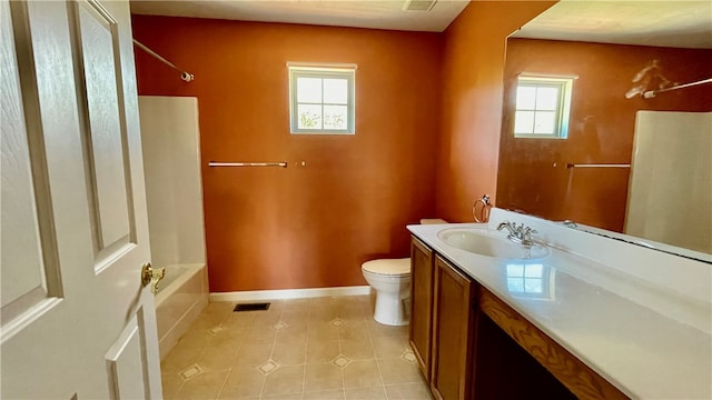 full bathroom featuring shower / bath combination, vanity, tile patterned flooring, and toilet