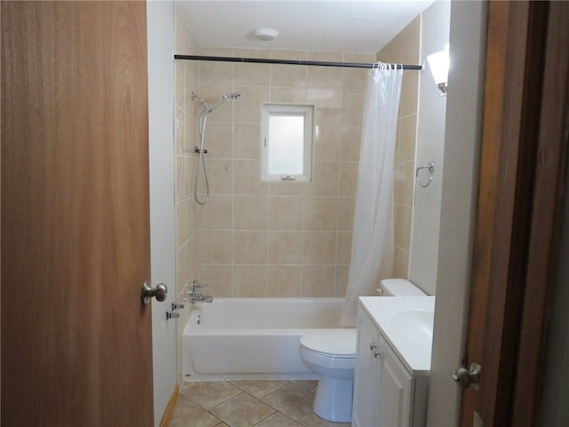 full bathroom with vanity, toilet, shower / bathtub combination with curtain, and tile patterned floors