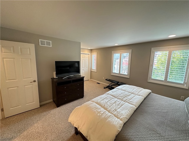 bedroom featuring a closet and light colored carpet