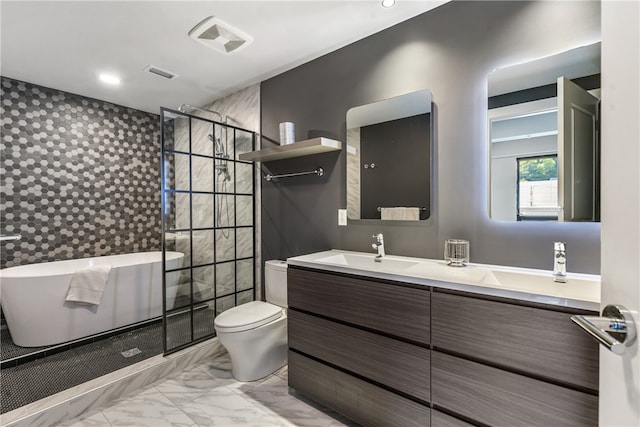 bathroom with walk in shower, vanity, and toilet