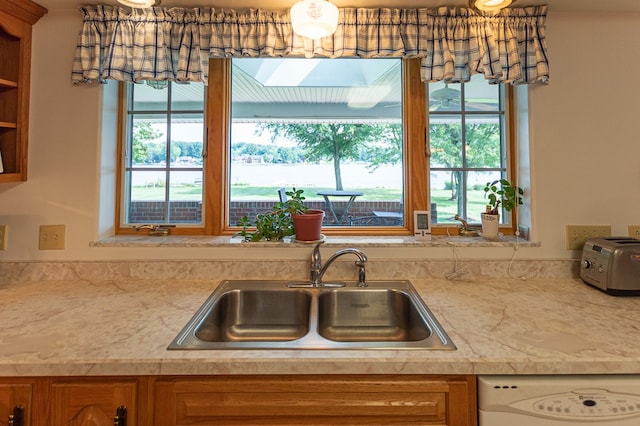 kitchen featuring a skylight, dishwasher, and sink