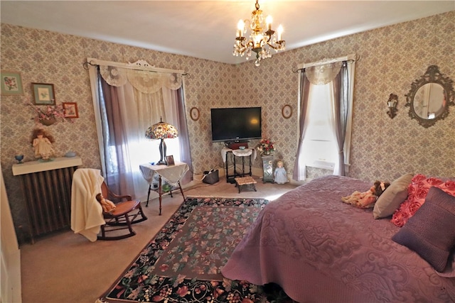 carpeted bedroom featuring a chandelier