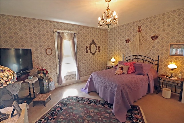 carpeted bedroom with a notable chandelier