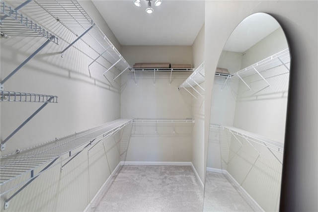 walk in closet featuring light colored carpet