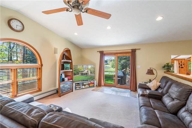 carpeted living room with vaulted ceiling, a baseboard heating unit, and ceiling fan