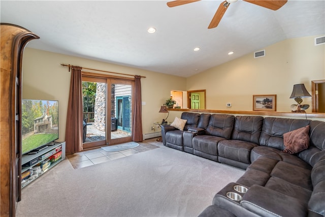 living room with lofted ceiling, ceiling fan, a baseboard radiator, and light colored carpet