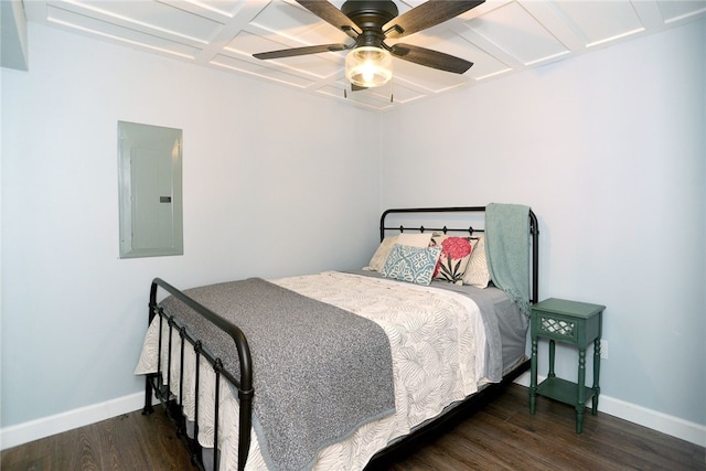 bedroom featuring coffered ceiling, electric panel, ceiling fan, and dark hardwood / wood-style flooring