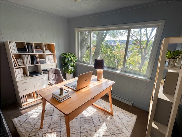 office area featuring a wealth of natural light, a baseboard heating unit, and a textured ceiling