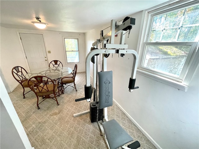 exercise room featuring light carpet