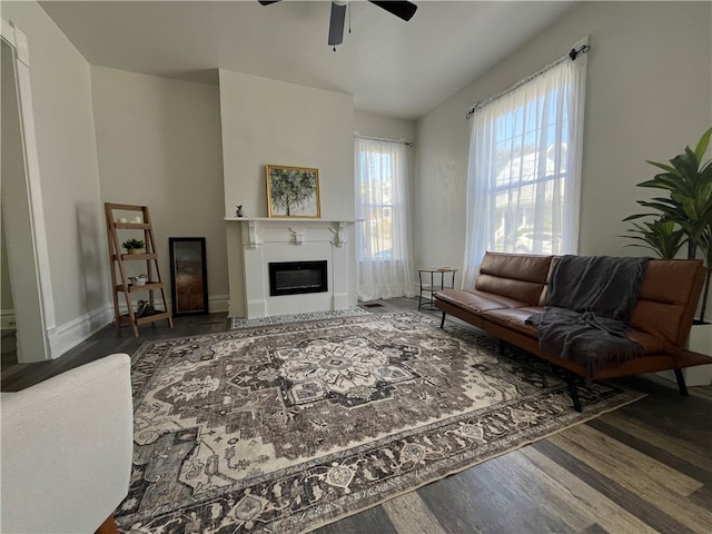 living room with hardwood / wood-style flooring and ceiling fan