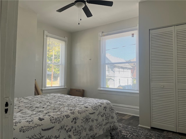 bedroom featuring dark hardwood / wood-style flooring, multiple windows, a closet, and ceiling fan