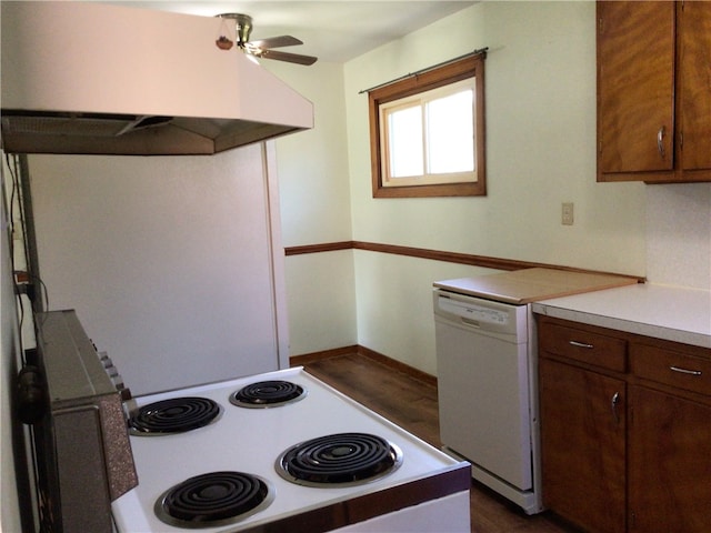 kitchen with ceiling fan, electric stove, and range hood