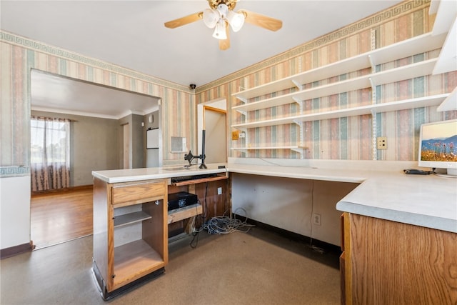 kitchen featuring ceiling fan and white fridge