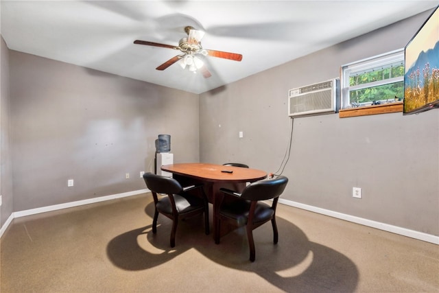 dining area with carpet floors, a wall mounted air conditioner, and ceiling fan