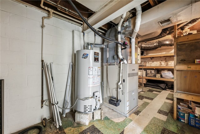 utility room featuring gas water heater and heating unit