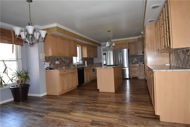 kitchen with a kitchen island, dishwasher, stainless steel refrigerator, crown molding, and dark hardwood / wood-style flooring