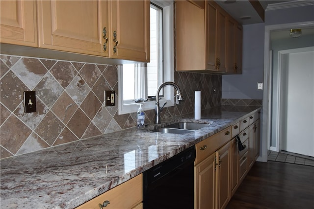 kitchen featuring light stone countertops, dark hardwood / wood-style floors, sink, black dishwasher, and ornamental molding