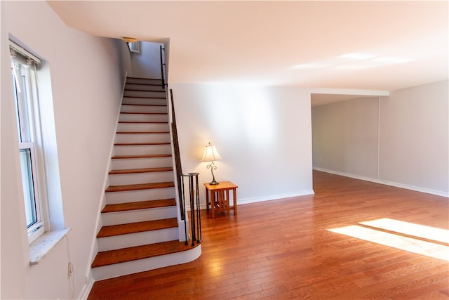 stairs with hardwood / wood-style floors