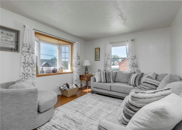 living room with a textured ceiling, hardwood / wood-style flooring, and plenty of natural light