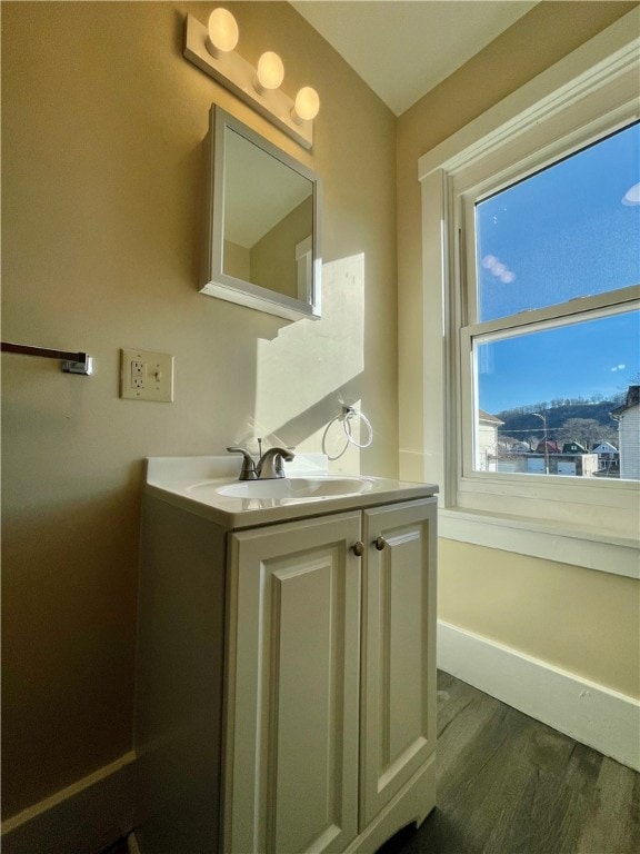 bathroom featuring hardwood / wood-style flooring and vanity