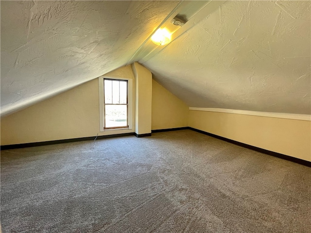 additional living space featuring carpet floors, a textured ceiling, and vaulted ceiling