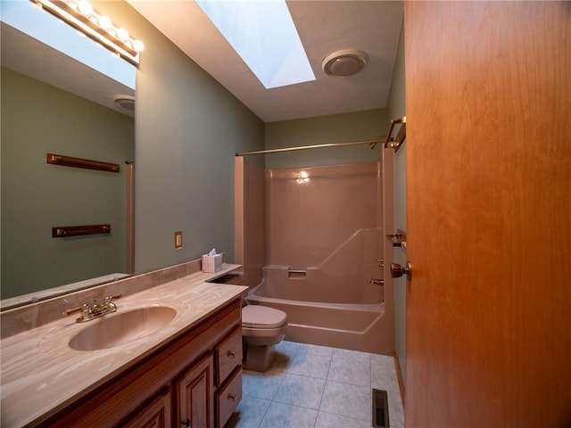 full bathroom featuring a skylight, visible vents, toilet, vanity, and tile patterned floors