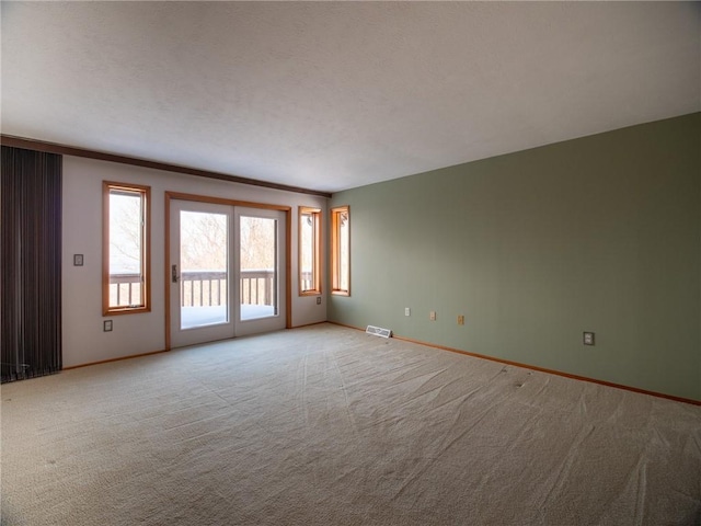 carpeted empty room with visible vents and baseboards