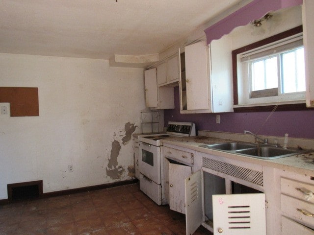 kitchen with white cabinetry, sink, and white electric range