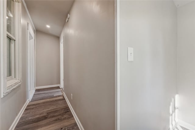 hallway featuring dark wood-type flooring