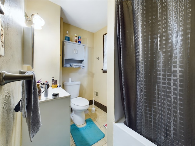 full bathroom featuring vanity, tile patterned flooring, toilet, and shower / tub combo with curtain