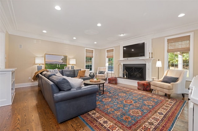 living room featuring crown molding and hardwood / wood-style floors