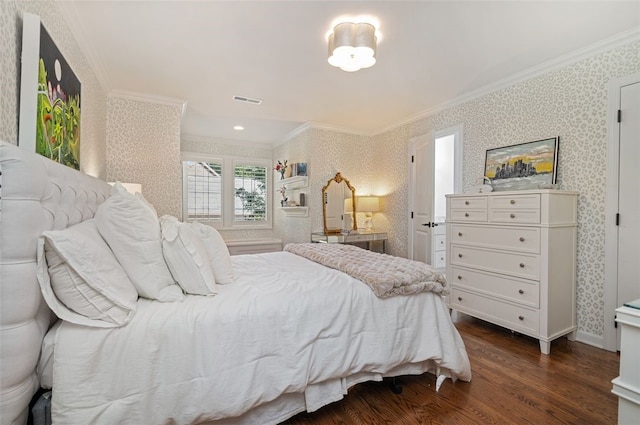 bedroom featuring crown molding and dark wood-type flooring