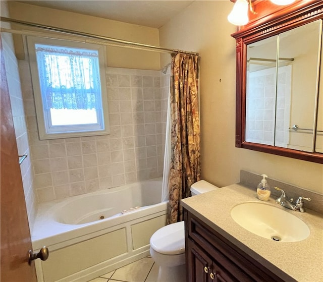 full bathroom with shower / bath combination with curtain, vanity, tile patterned flooring, and toilet