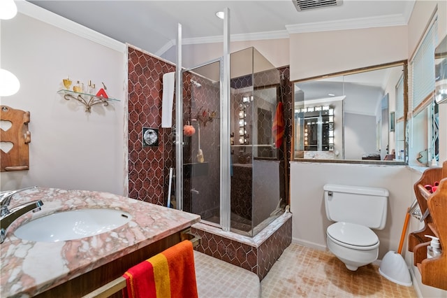 bathroom featuring vanity, toilet, a shower with shower door, crown molding, and vaulted ceiling