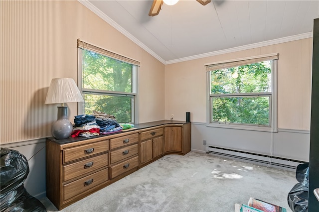 interior space featuring ornamental molding, multiple windows, vaulted ceiling, and baseboard heating