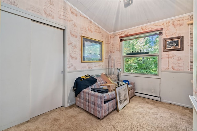 carpeted bedroom featuring a baseboard radiator and lofted ceiling