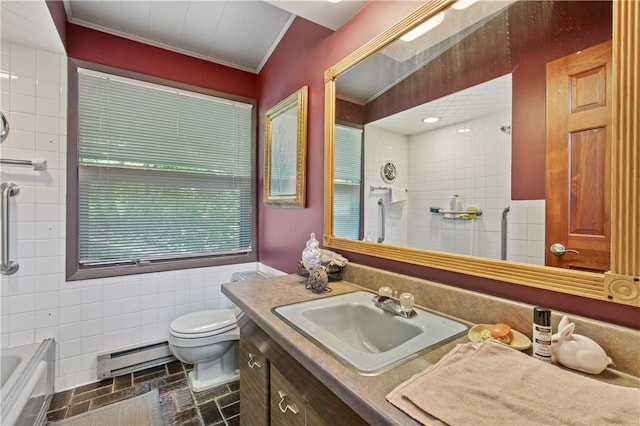 bathroom with toilet, crown molding, tile walls, a baseboard heating unit, and vanity