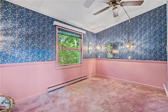 empty room featuring ceiling fan, carpet floors, and baseboard heating