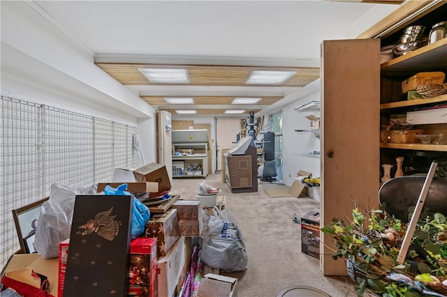 interior space featuring ornamental molding and light colored carpet