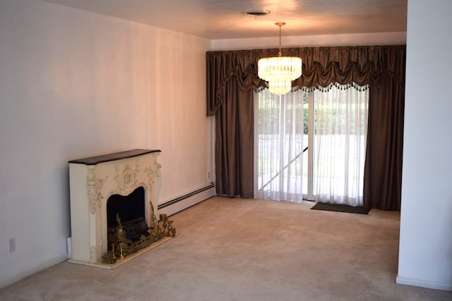 unfurnished living room with carpet, a fireplace, baseboard heating, and an inviting chandelier