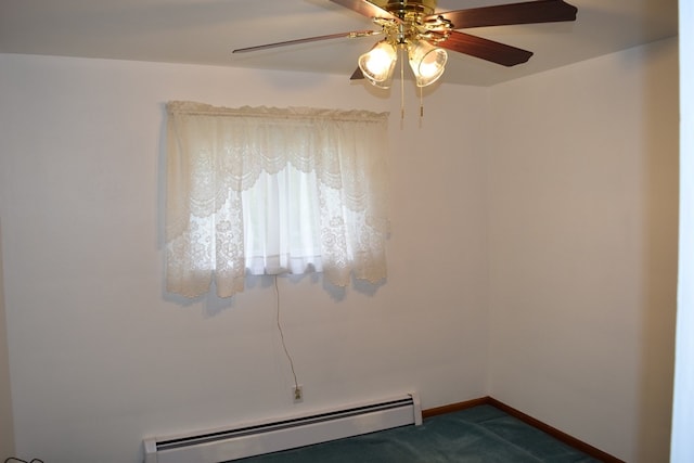 empty room with ceiling fan, dark colored carpet, and a baseboard heating unit