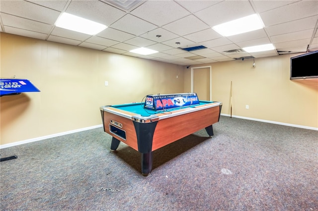 rec room featuring a drop ceiling, pool table, and dark colored carpet